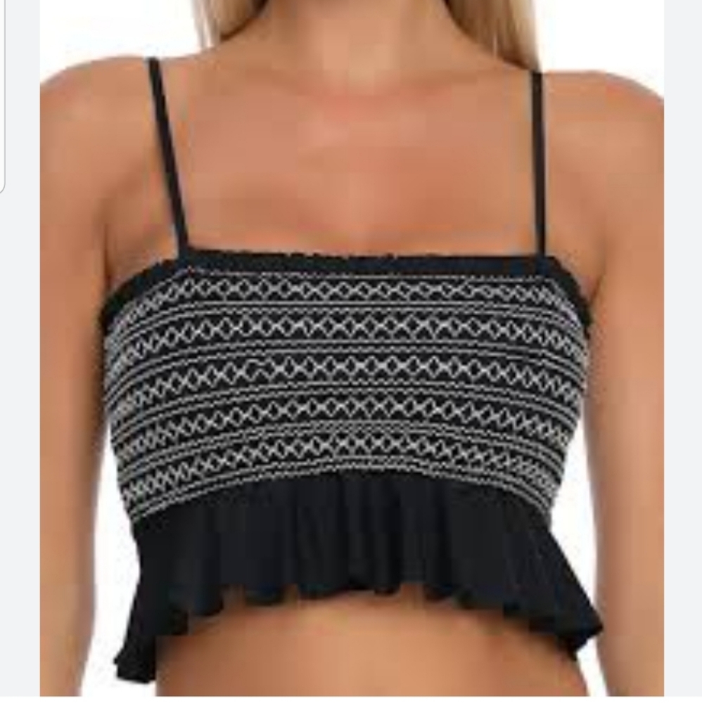 NWT$79 Rellesiga Women Bandeau Bikini Top Ruffle Black White Bathing Suit